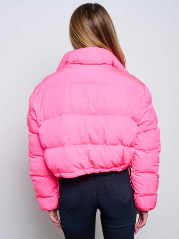 PINK PUFFER ZIP UP BUTTON ENCLOSURE JACKET