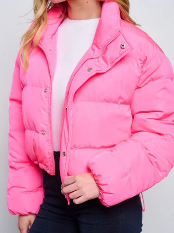 PINK PUFFER ZIP UP BUTTON ENCLOSURE JACKET