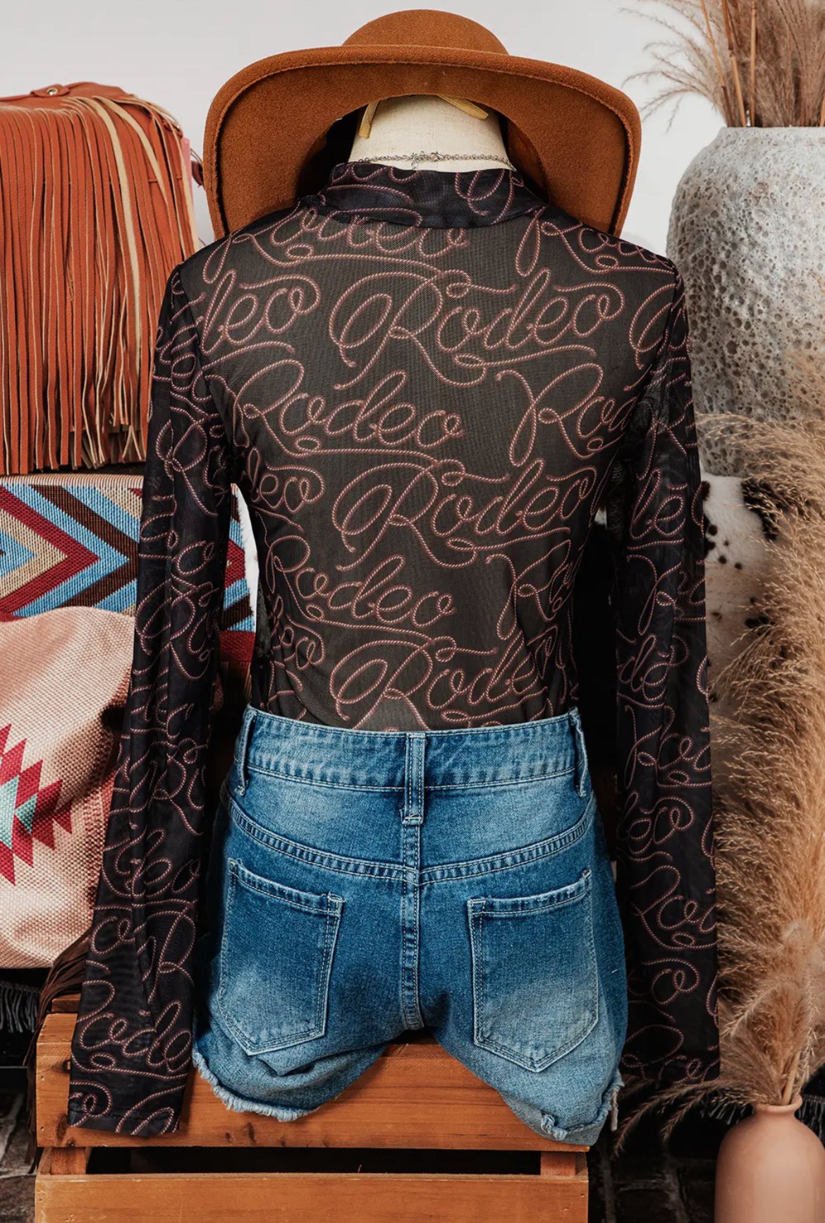 FALL WESTERN RODEO MOCK NECK MESH TOP