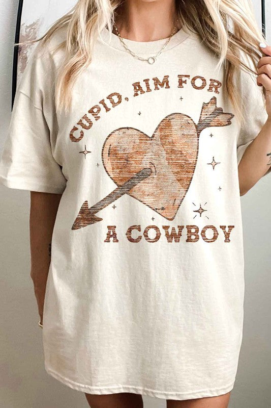 CUPID AIM FOR A COWBOY VALENTINES OVERSIZED TEE