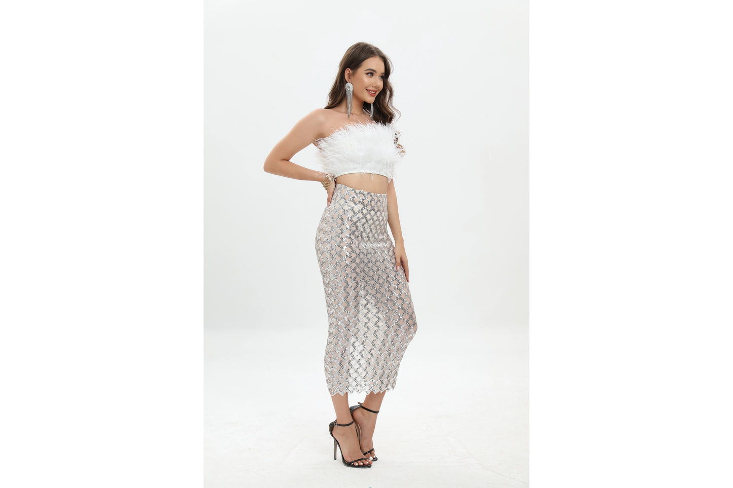 FEATHER TOP/ SEQUIN MESH SKIRT SET