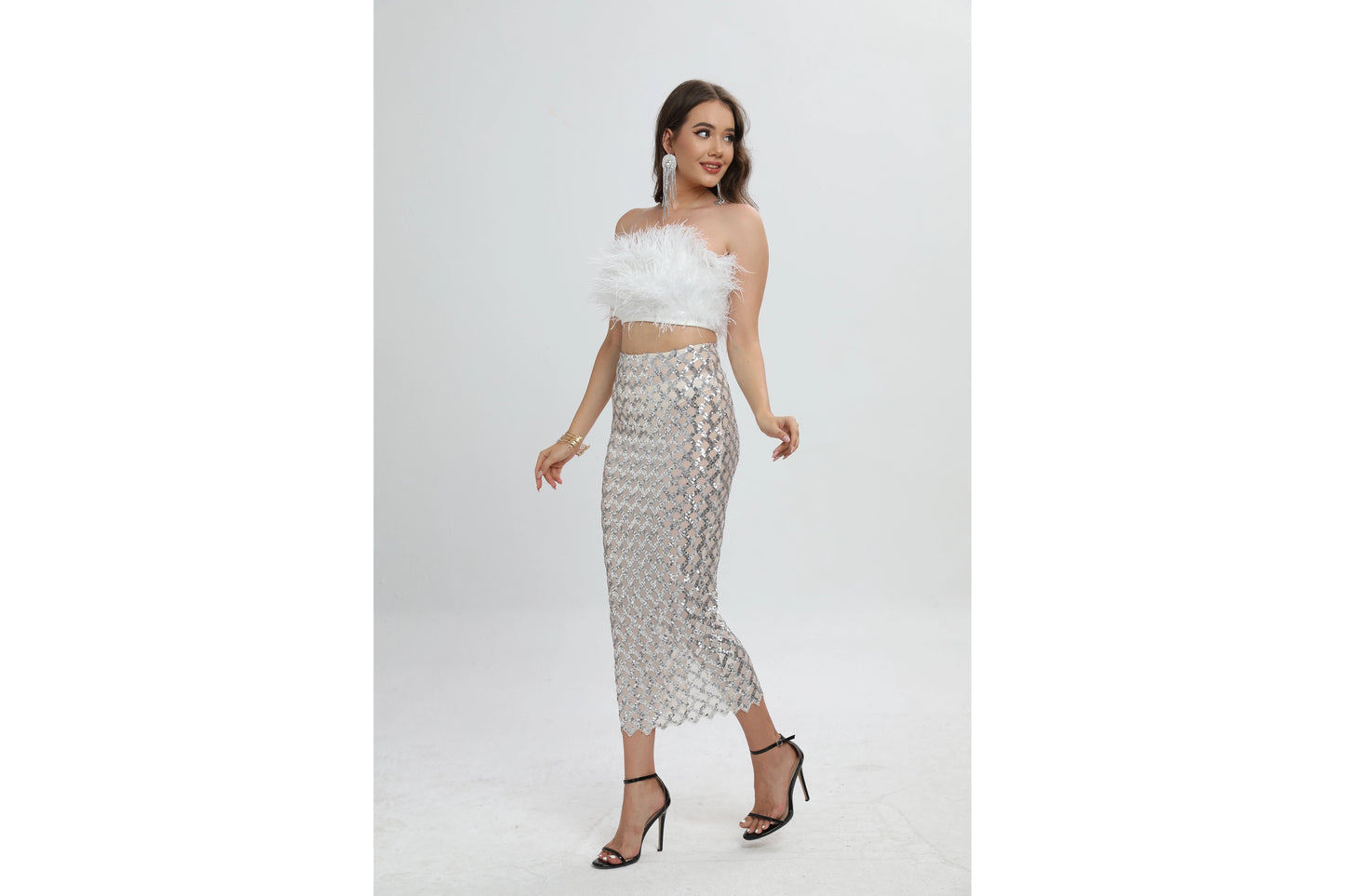 FEATHER TOP/ SEQUIN MESH SKIRT SET