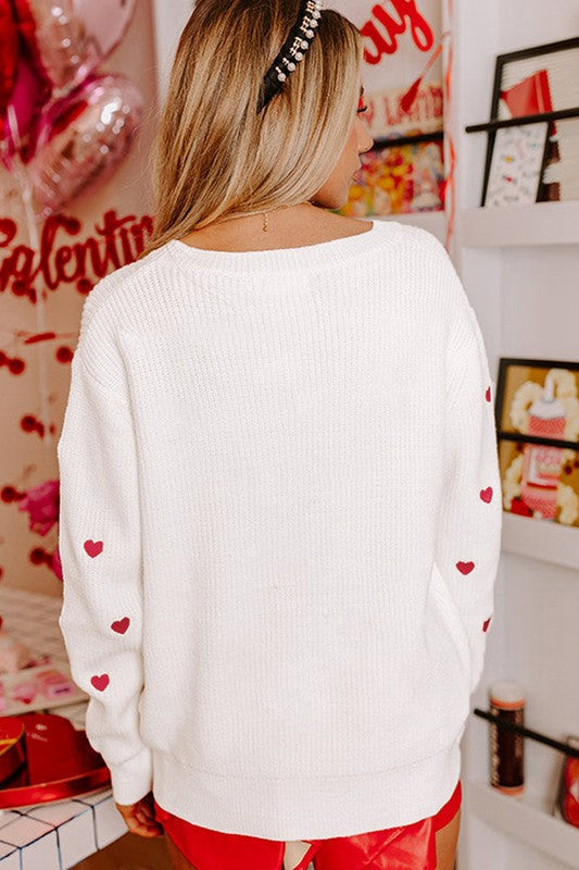 Red Heart Shape Drop Shoulder Round Neck Sweater