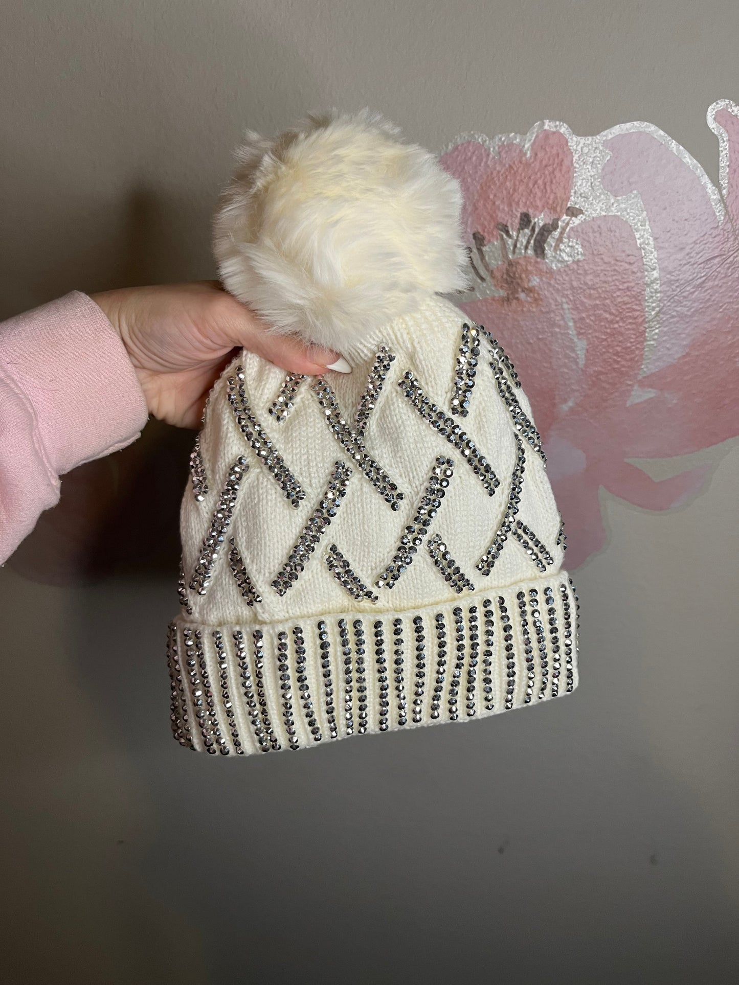 Fluff & Rhinestone Beanie White