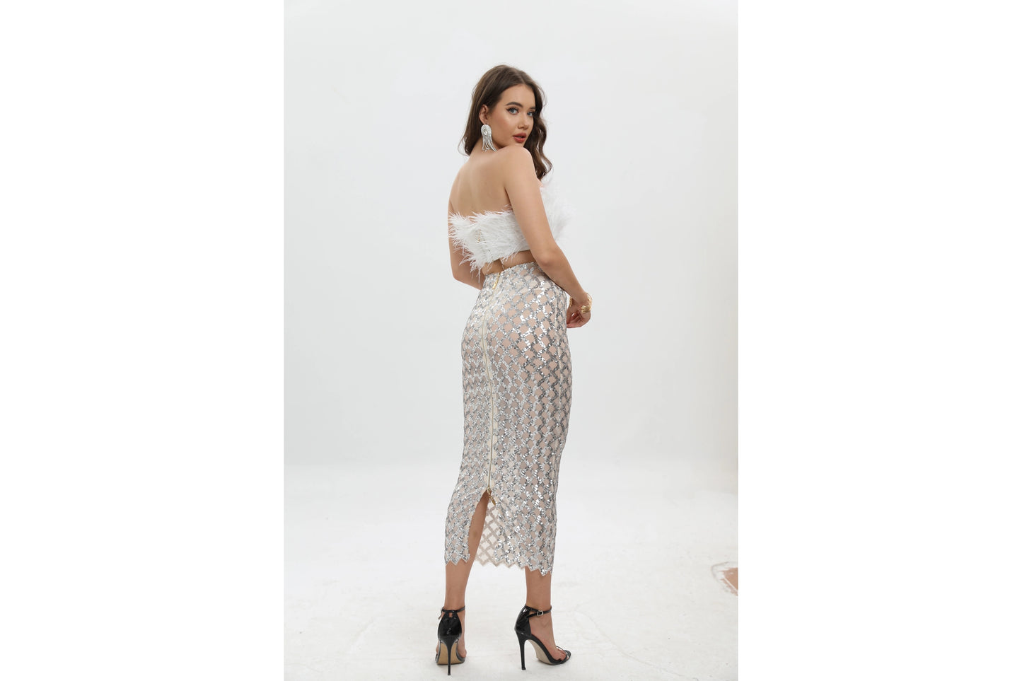 FEATHER TOP/ SEQUIN MESH SKIRT SET