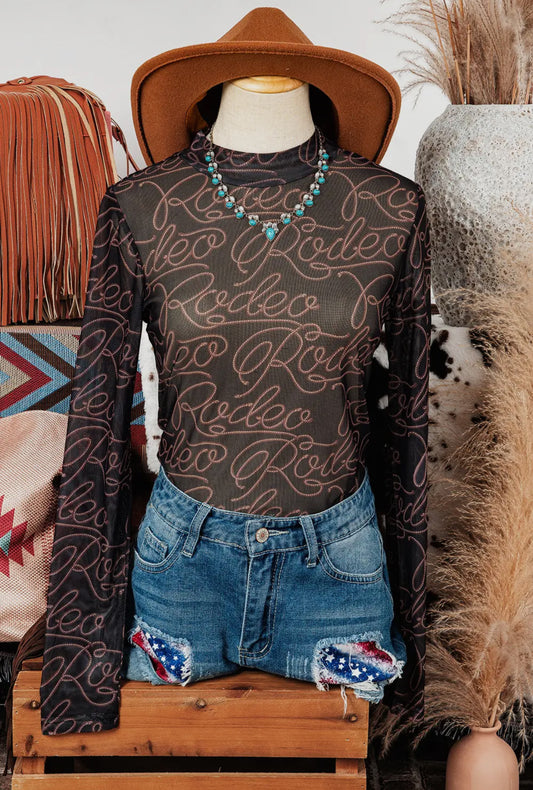 FALL WESTERN RODEO MOCK NECK MESH TOP