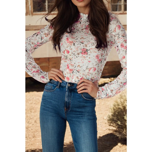 FLORAL LONG SLEEVE MESH TOP