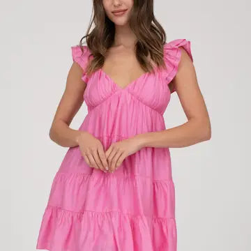 PINK V Neck Tiered Babydoll Dress